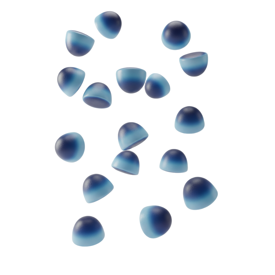 Blue dome-shaped gummies falling down from the sky