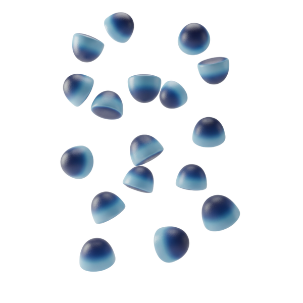 Blue dome-shaped gummies falling down from the sky