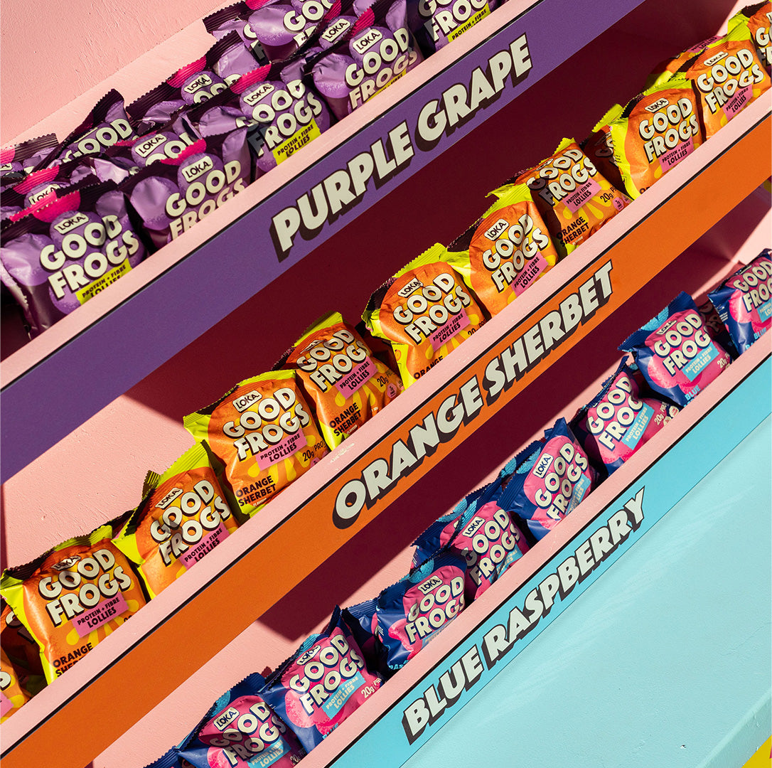Protein Lollies on candy store shelf - mix of flavours